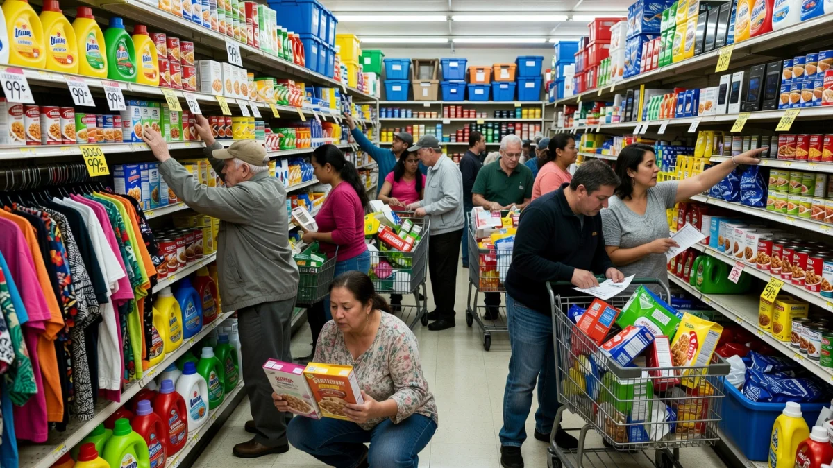 Allée d'un magasin Action avec des rayons colorés remplis de produits à petits prix