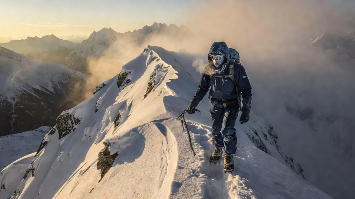 Alpiniste débutant en progression sur un glacier de haute montagne avec piolet et crampons