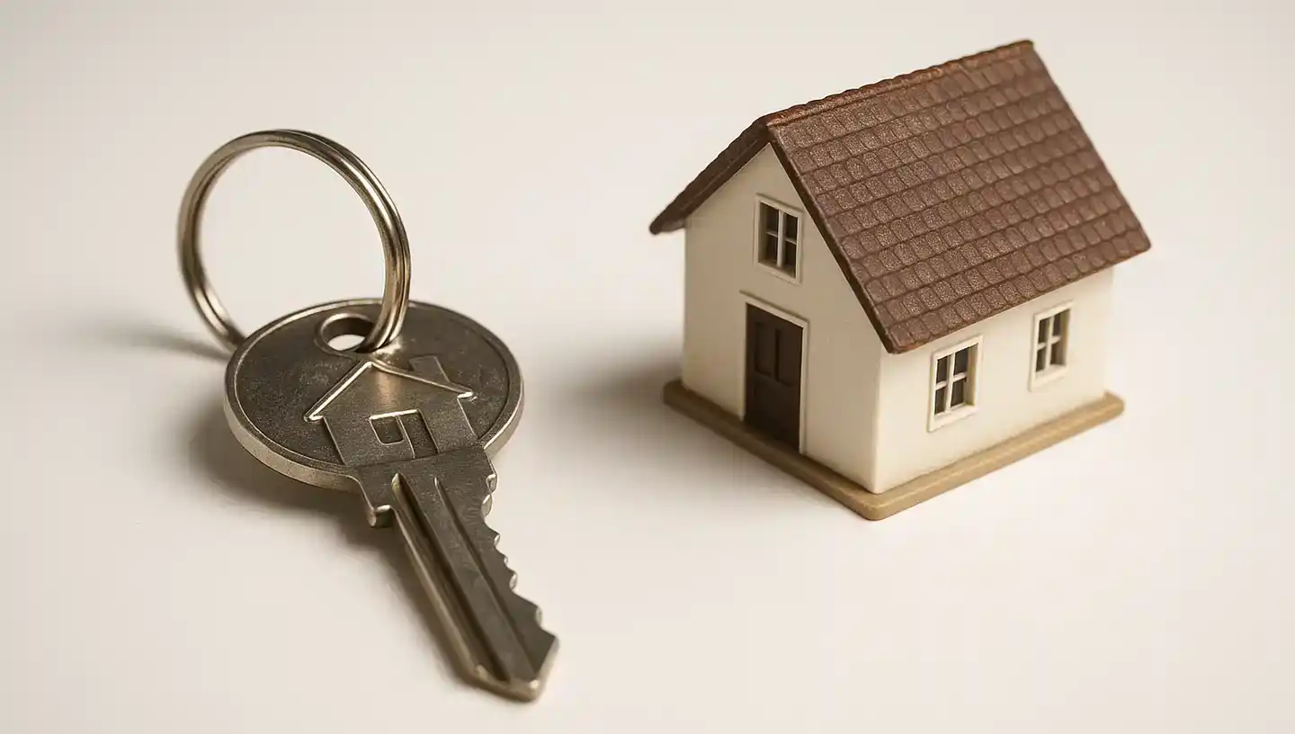 Clé et petite maison en modèle sur fond blanc