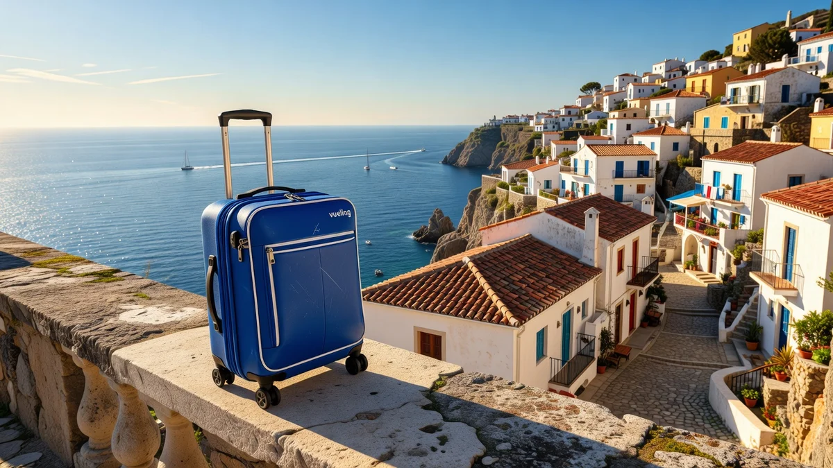 Bagage cabine compatible Vueling posé devant un portail d'embarquement