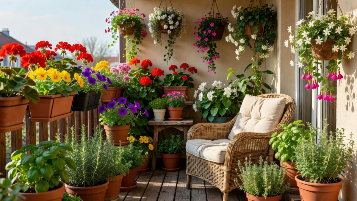 Balcon fleuri au printemps avec des tulipes, des jardinières colorées et un mobilier cosy
