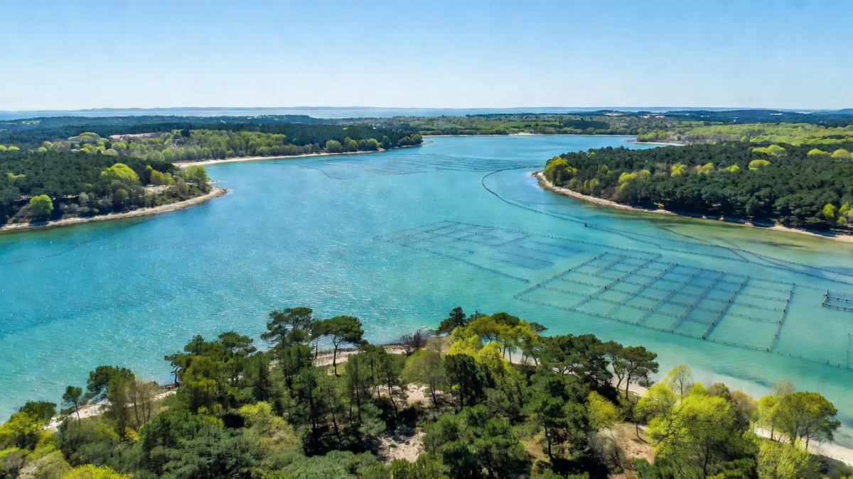 Vue panoramique du Bassin d'Arcachon au printemps avec les cabanes ostréicoles et le ciel bleu