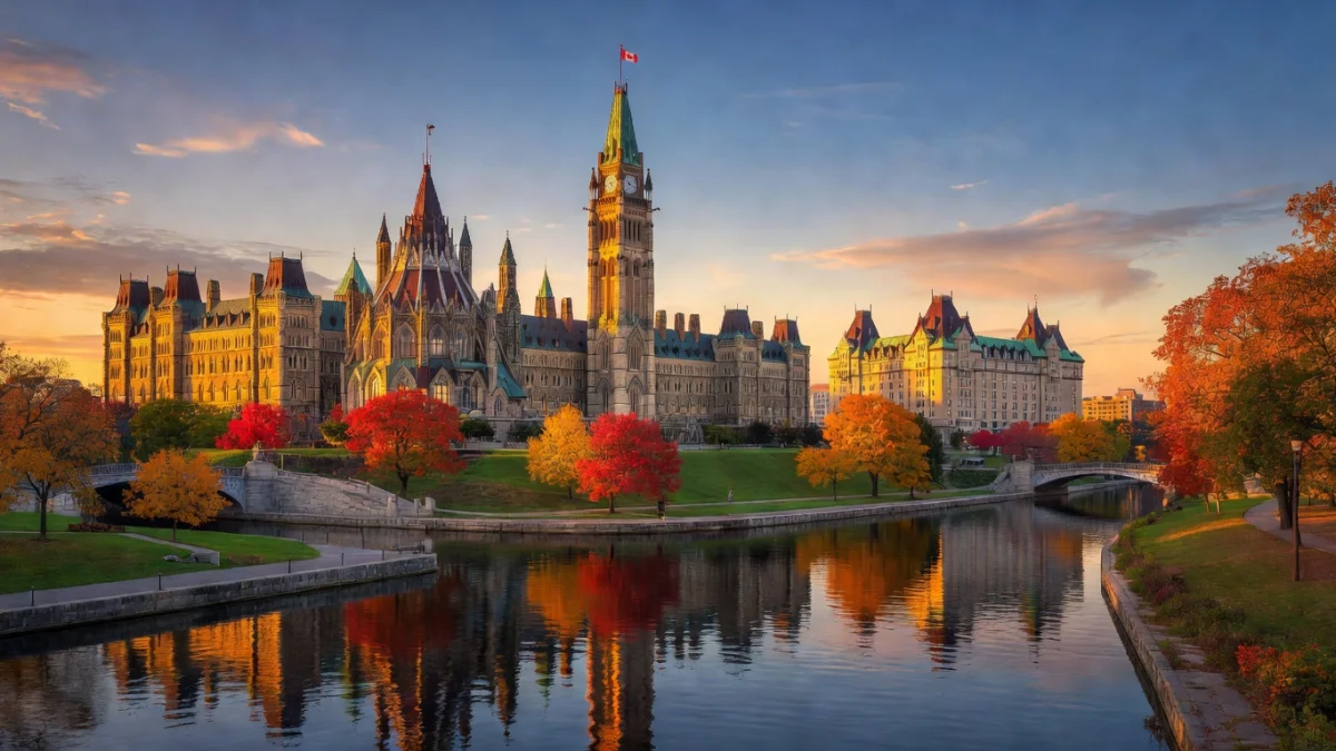 Vue du Parlement du Canada à Ottawa au coucher du soleil, avec la rivière des Outaouais en arrière-plan