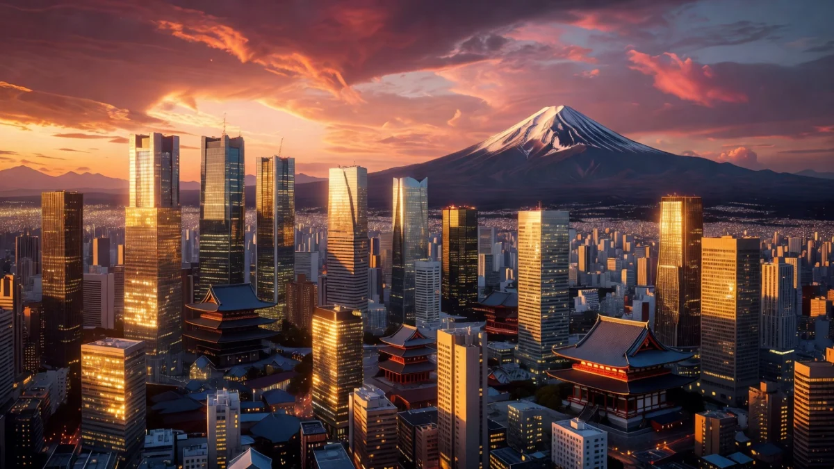 Vue aérienne de Tokyo, capitale du Japon, avec la tour de Tokyo en premier plan et la mégapole s'étendant à l'horizon
