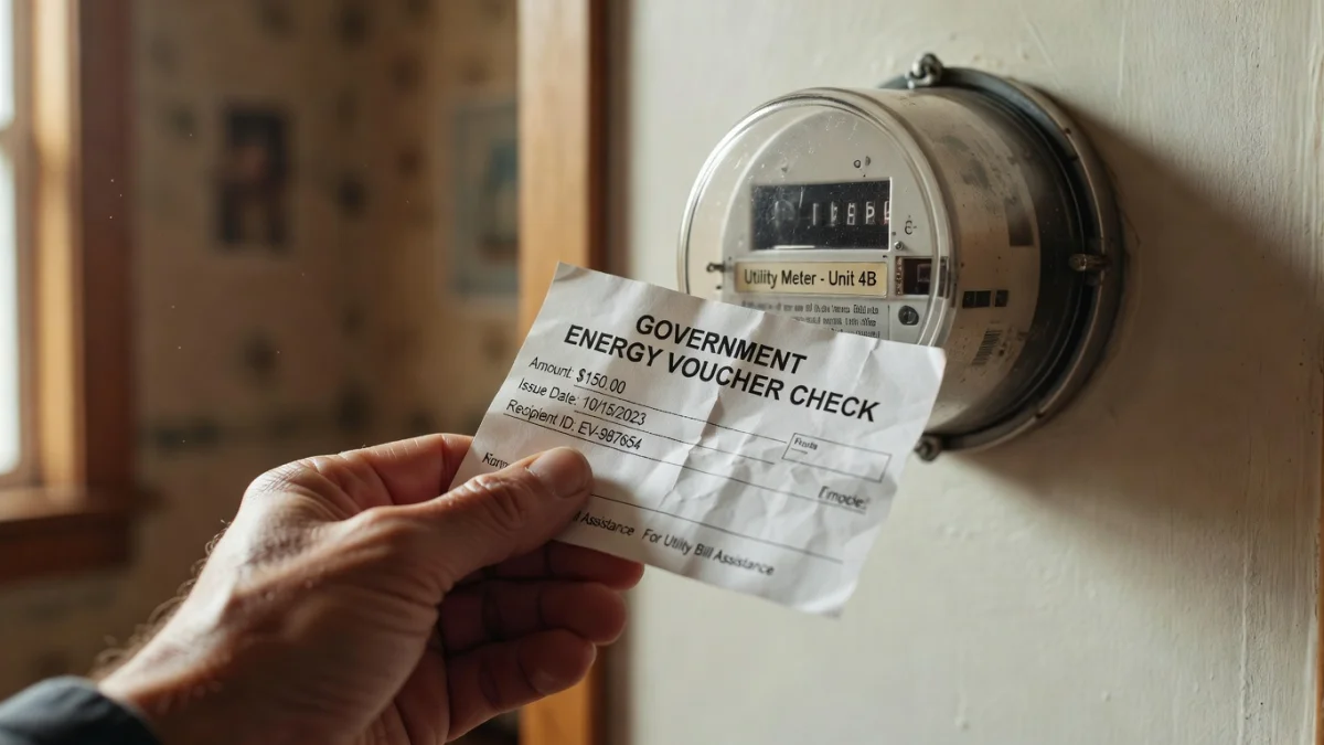 Chèque énergie 2026 posé sur une table à côté d'une facture d'électricité et d'une calculatrice