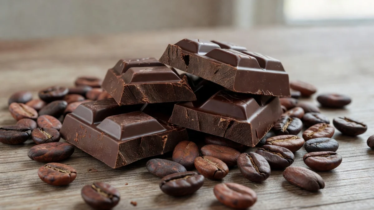 Tablette de chocolat noir à 85% de cacao posée sur un fond en bois avec des fèves de cacao