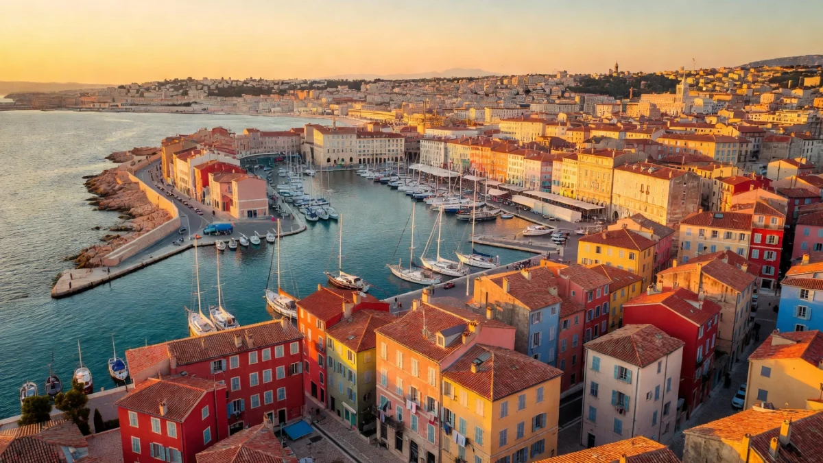 Vue aérienne du Vieux-Port de Marseille avec ses arrondissements