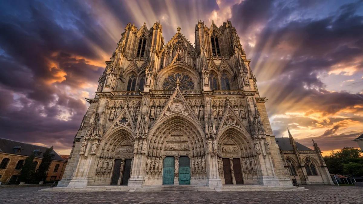 Cathédrale Notre-Dame de Reims vue depuis la place du Parvis, ville au code postal 51100