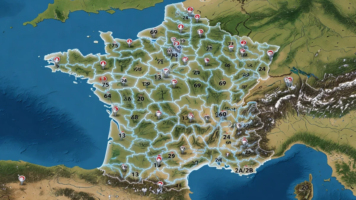 Carte de France avec des codes postaux et des enveloppes symbolisant le système postal français