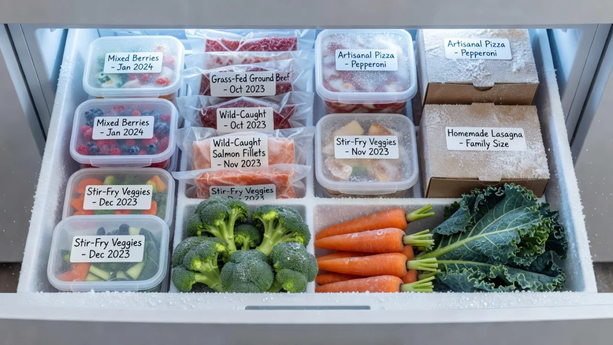 Aliments bien rangés dans un congélateur avec étiquettes de dates de congélation