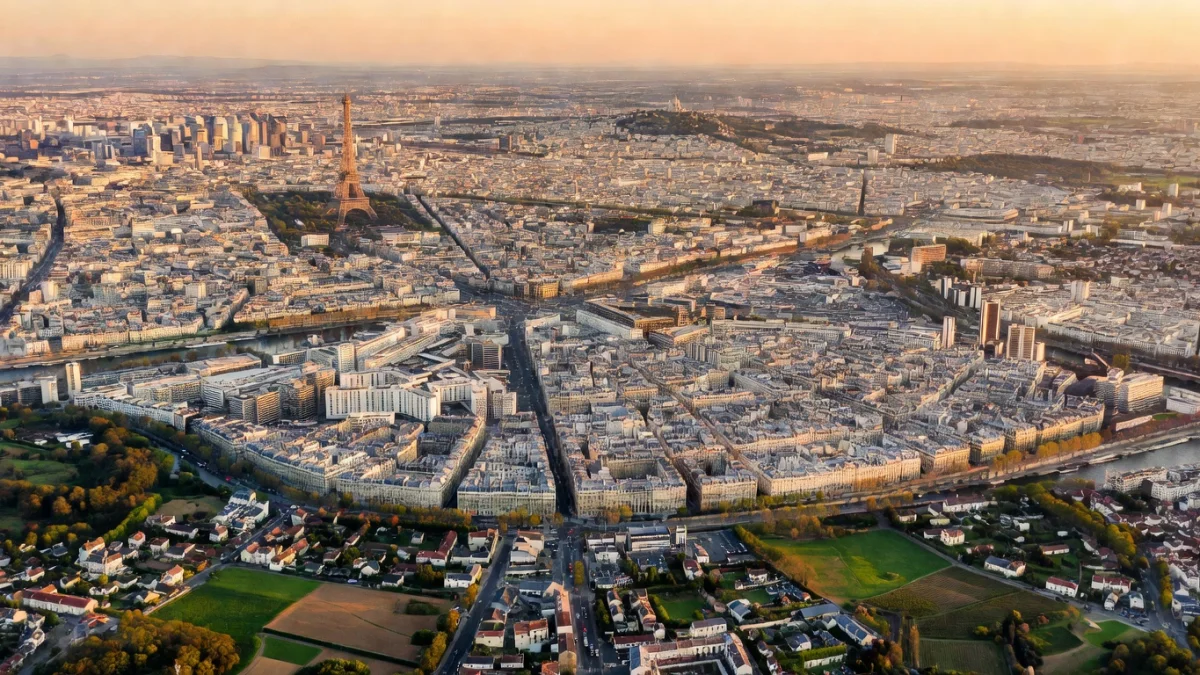 Vue aérienne de la région Île-de-France avec ses communes et territoires