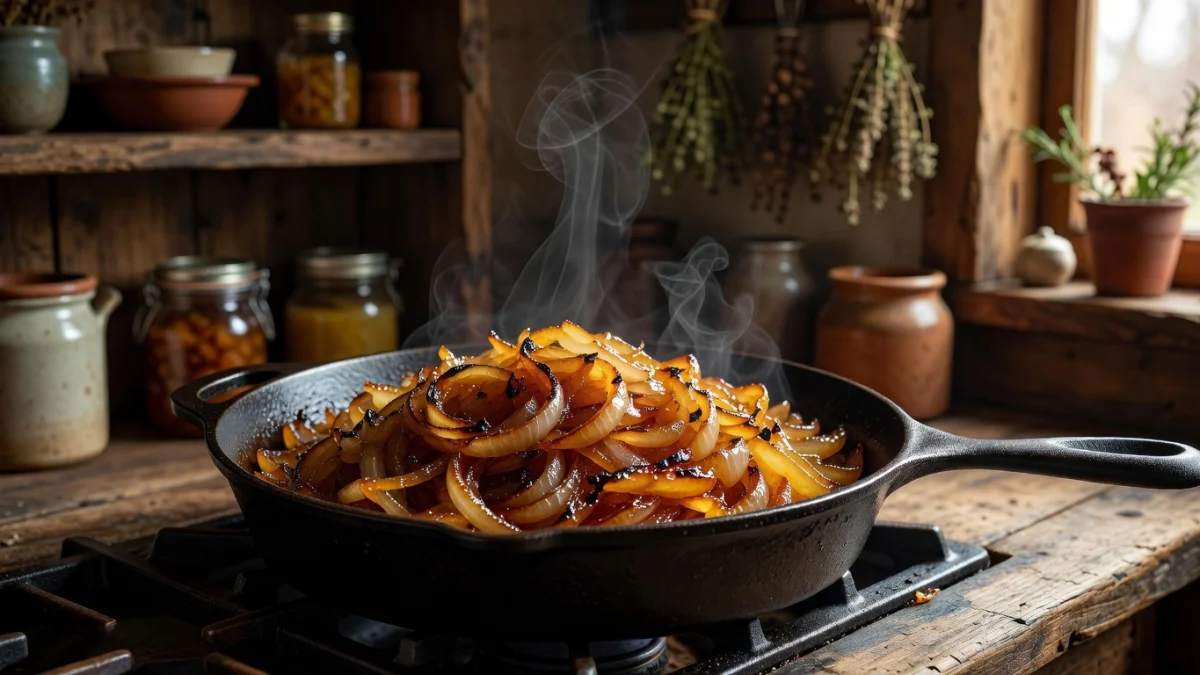 Poêle avec des oignons caramélisés dorés et brillants sur feu moyen
