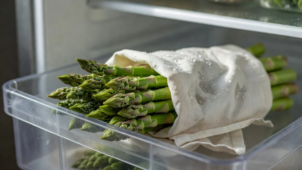 Bottes d'asperges fraîches enveloppées dans un linge humide pour la conservation au réfrigérateur