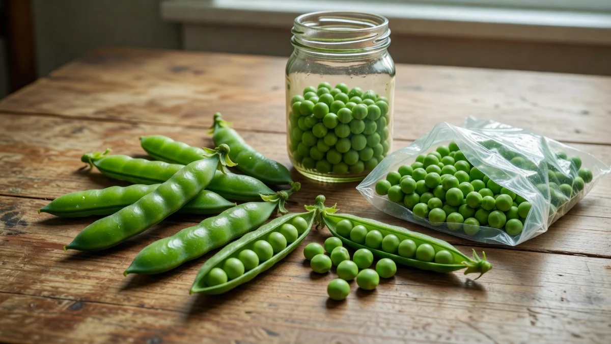 Petits pois frais dans leur cosse après récolte, prêts à être conservés