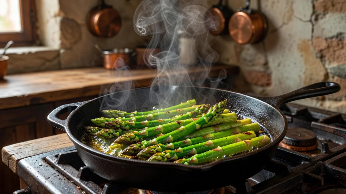 Asperges vertes poêlées à l'huile d'olive dans une poêle en fonte avec de l'ail et du thym