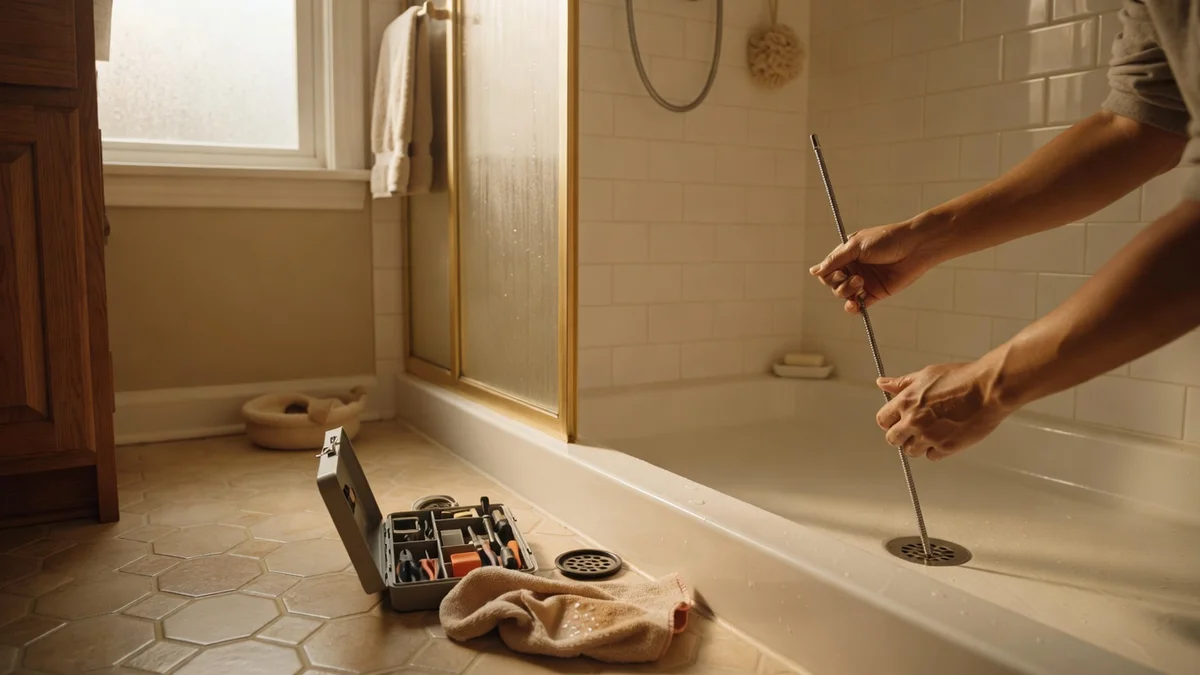 Bonde de douche bouchée et outils de débouchage