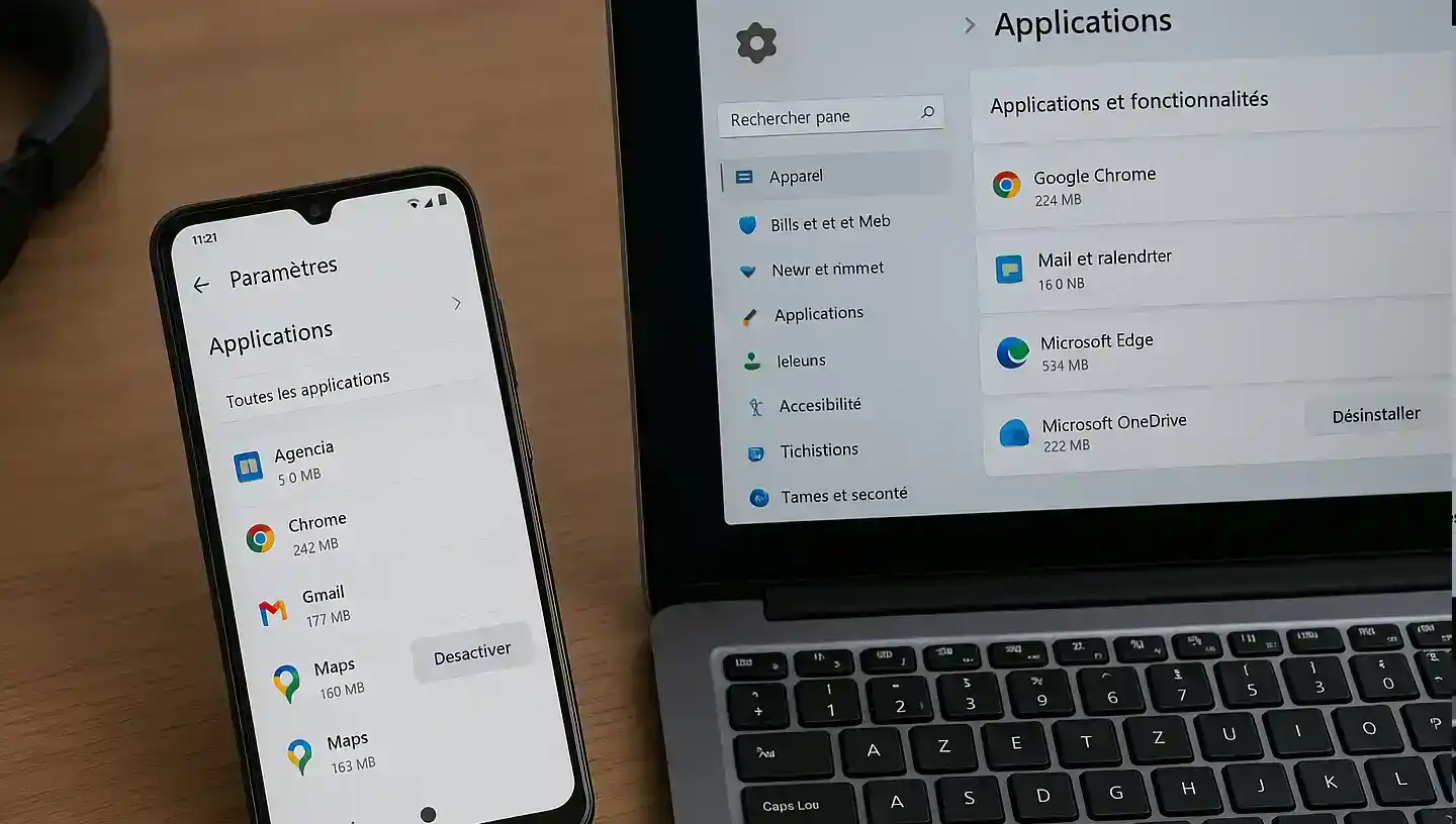 Écran montrant les paramètres d'applications sur smartphone et PC