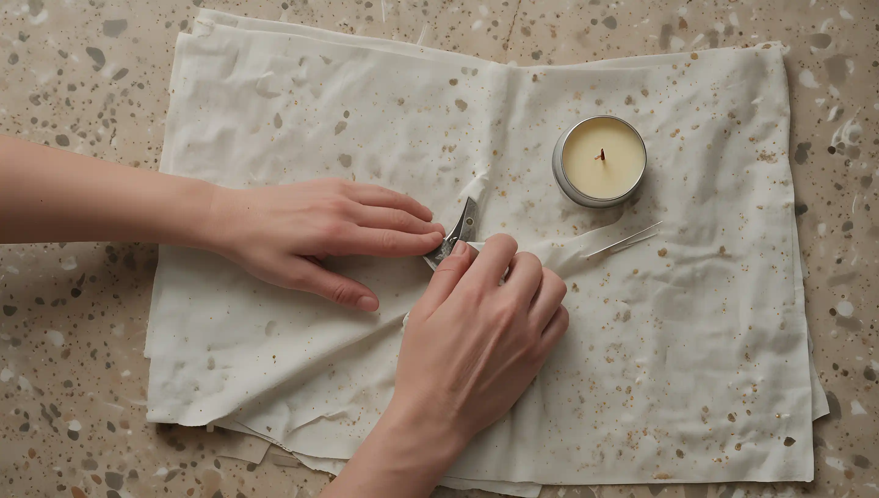 Tissu taché de cire de bougie en cours de nettoyage