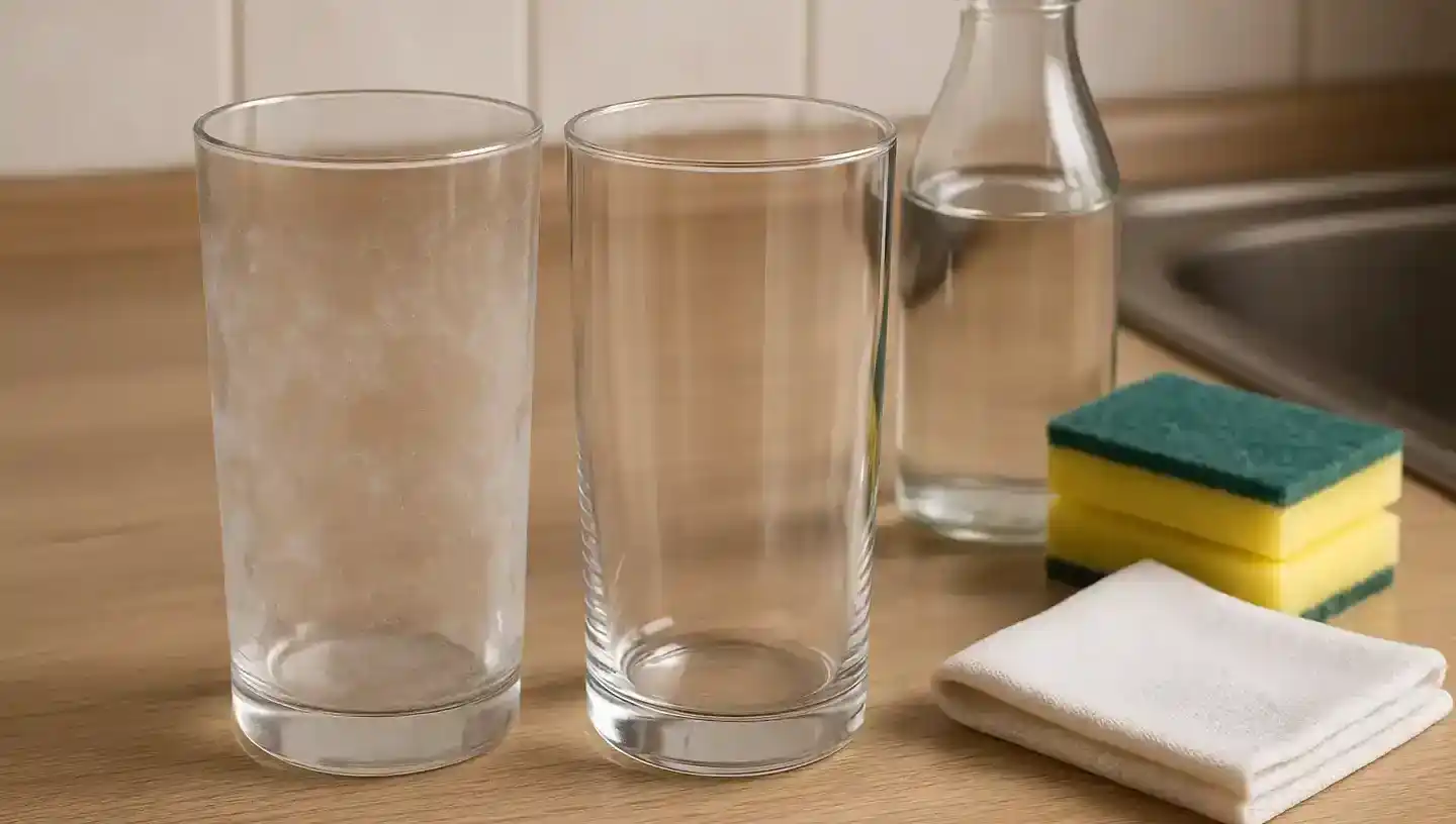 Verres avec traces de calcaire avant et après nettoyage
