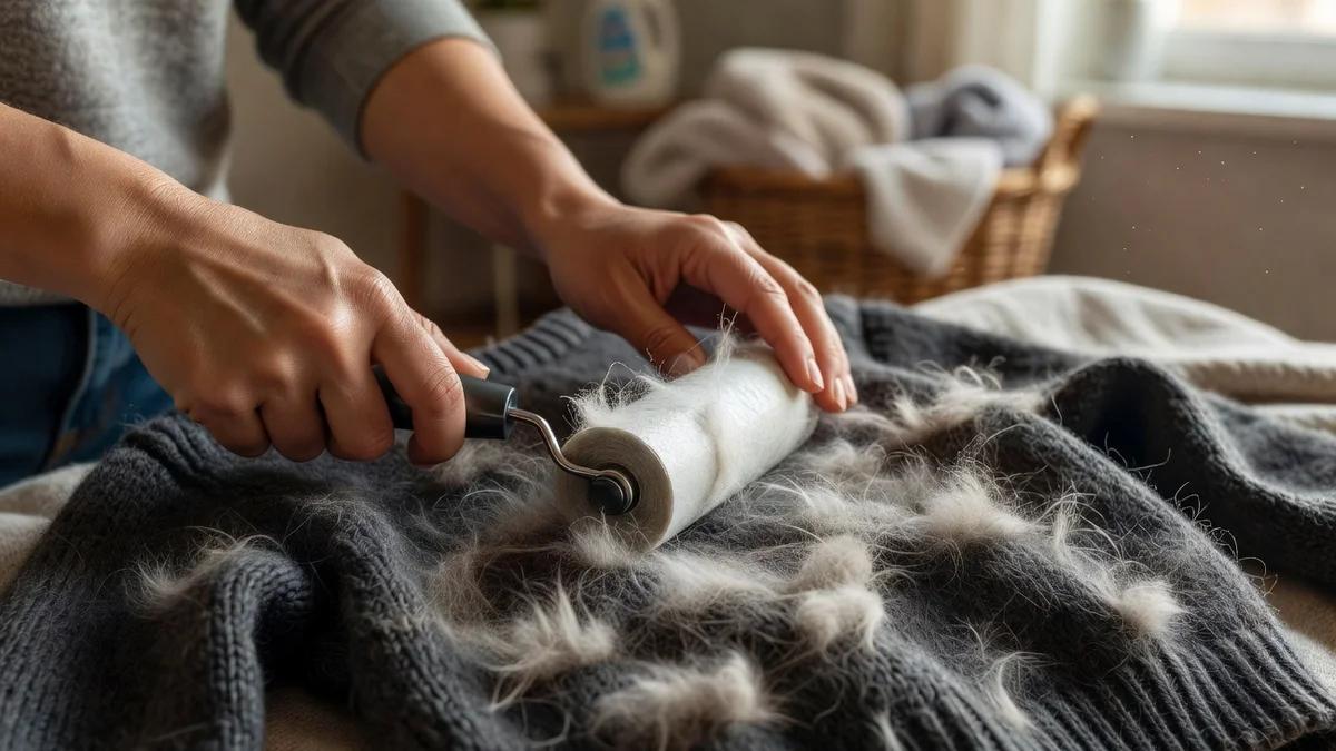 Vêtements couverts de poils de chat et outils pour les enlever
