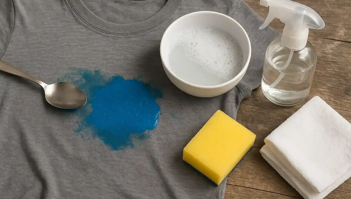 Gros plan d'une tache de peinture sur un vêtement et outils pour la nettoyer