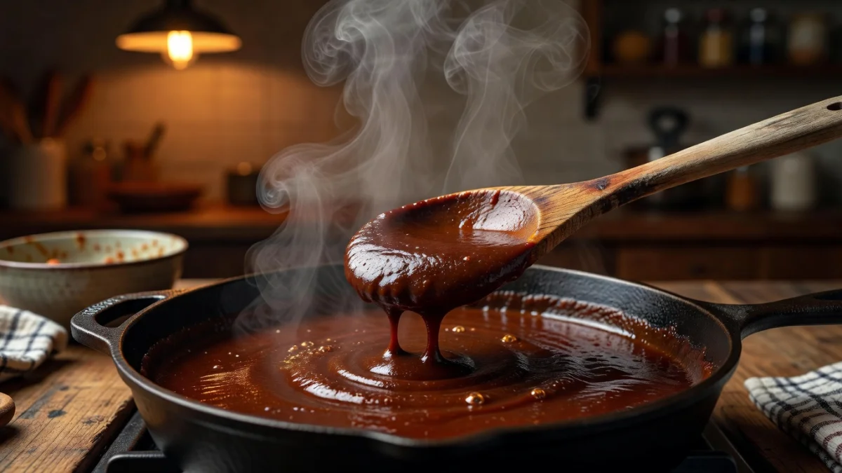 Une casserole avec une sauce en train d'épaissir sur une plaque de cuisson