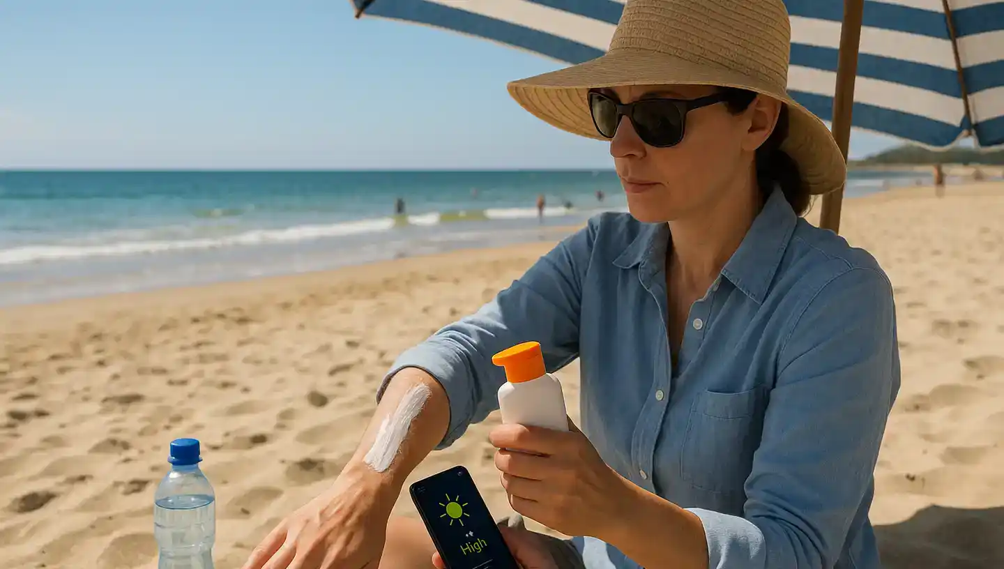 Personne à la plage protégée avec chapeau et crème solaire