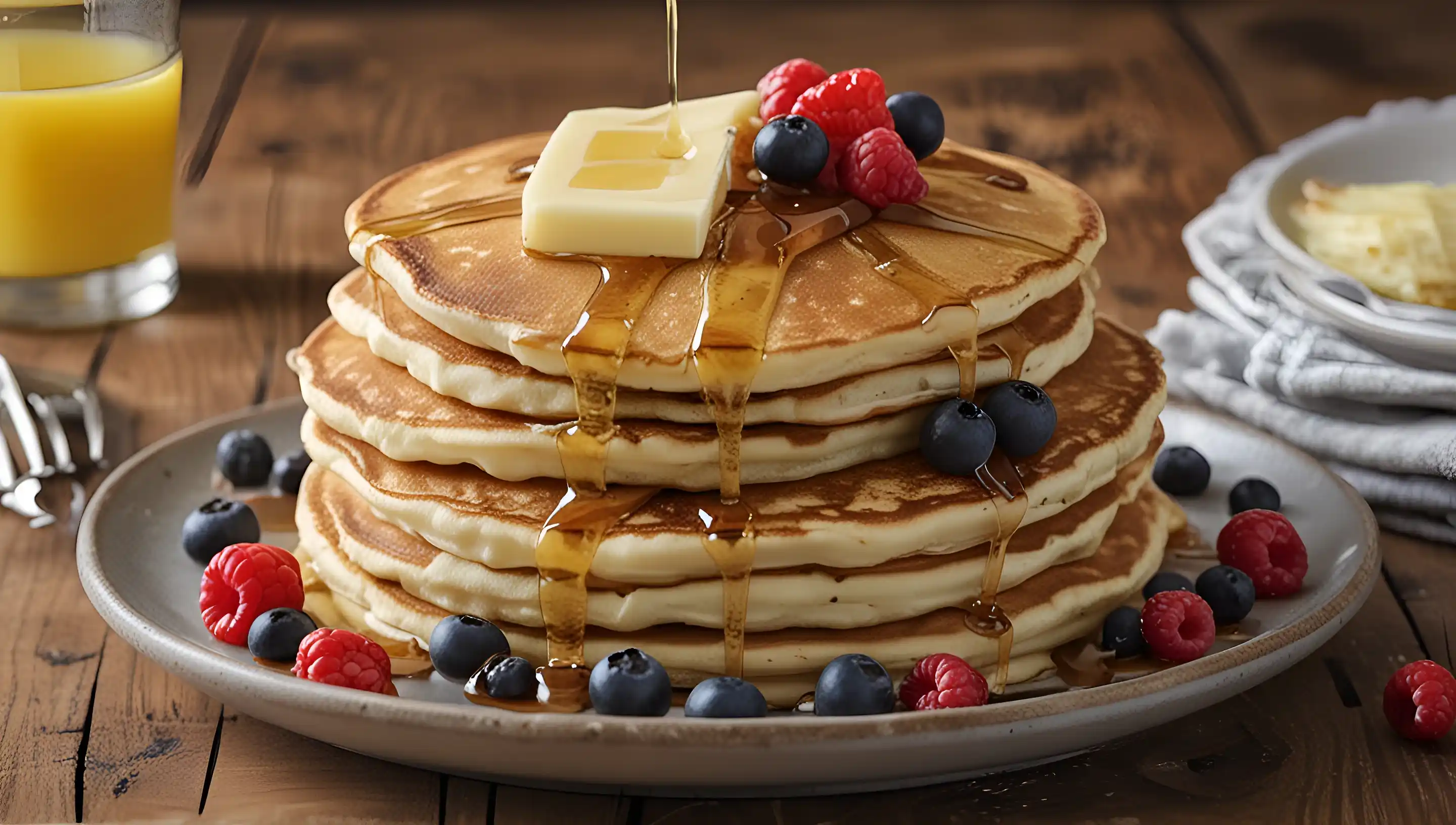 Pile de pancakes maison moelleux garnis de sirop et fruits