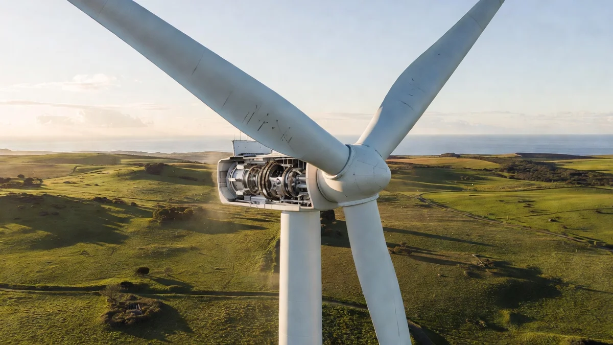 Éolienne en fonctionnement sur fond de ciel