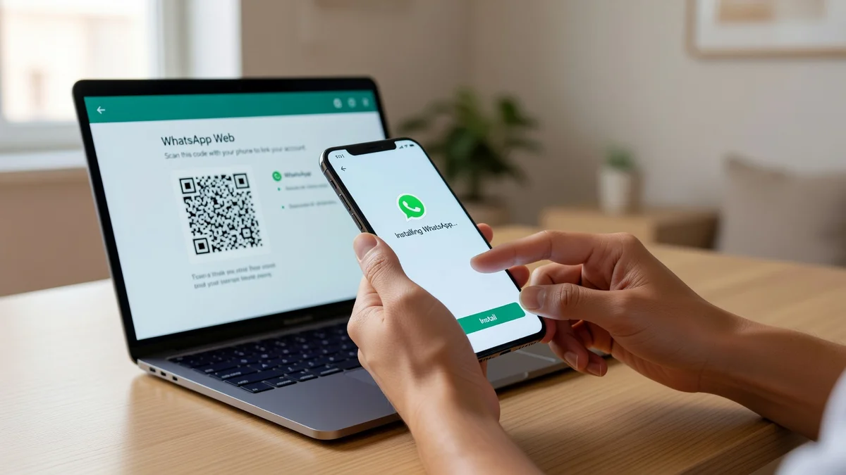 Écrans montrant l'installation de WhatsApp sur smartphone