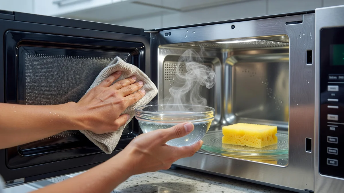 Intérieur de micro-ondes propre avec un bol de citron