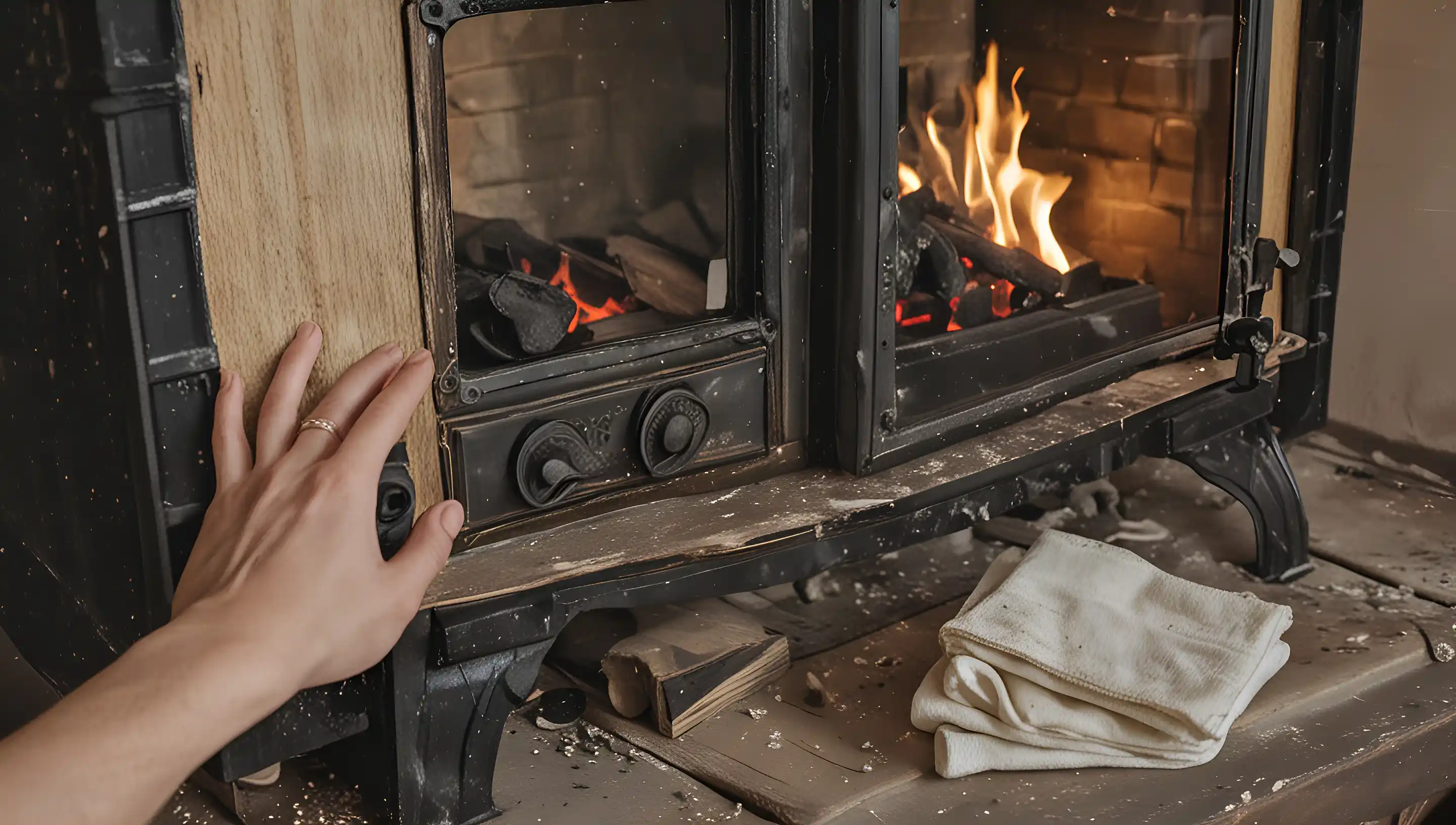 Vitre d'un poêle à bois avant et après nettoyage