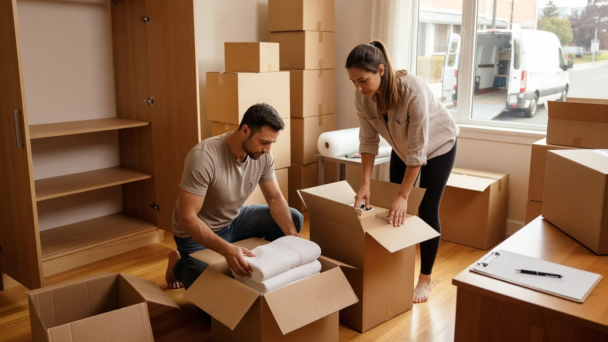 Cartons de déménagement empilés dans un salon