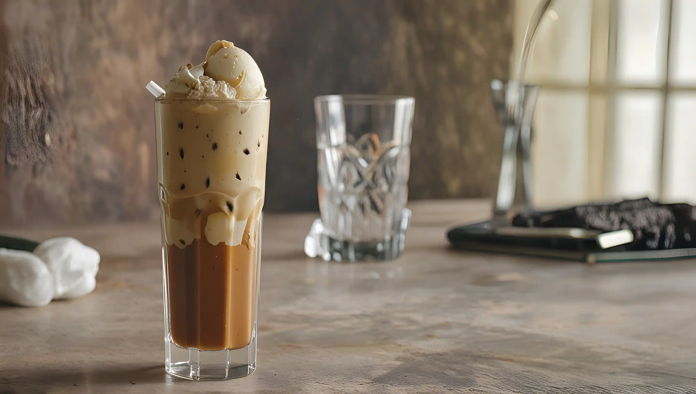 Verre de café glacé avec glaçons et une boule de glace à la vanille