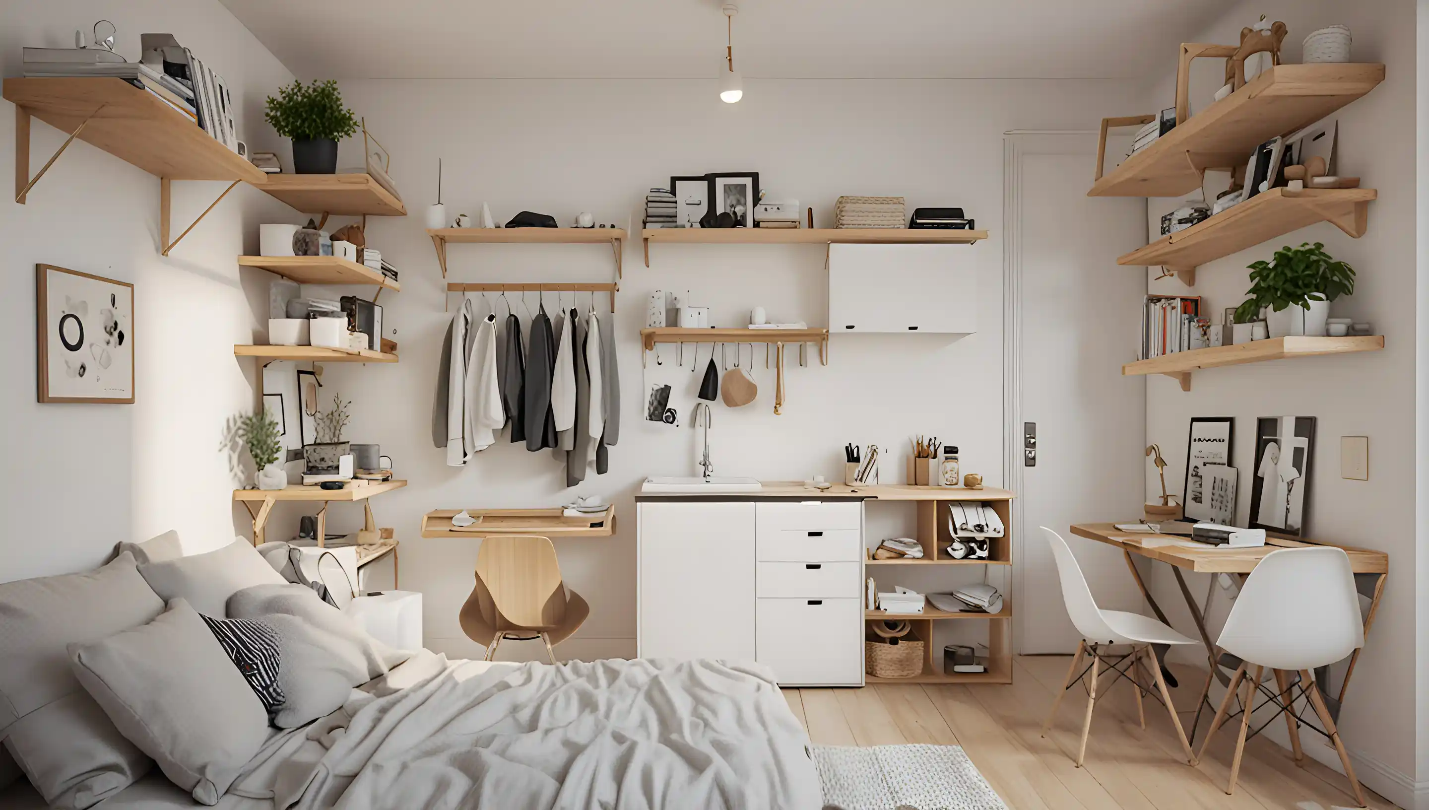 Intérieur d'un petit appartement bien rangé avec solutions de rangement verticales