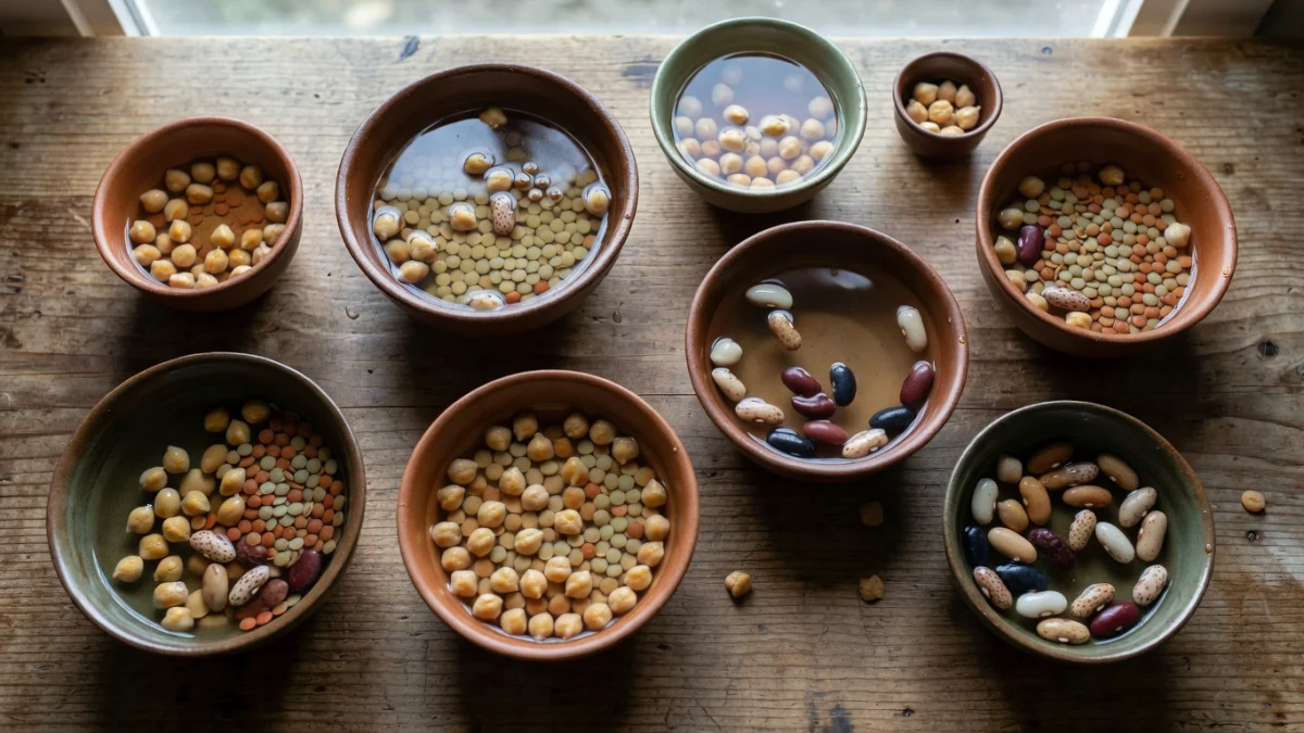 Bols de légumineuses sèches variées - pois chiches, haricots rouges et lentilles - prêtes à être réhydratées par trempage