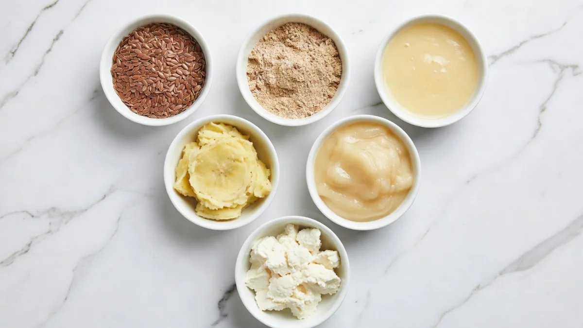 Différents substituts à l'oeuf disposés sur une table de cuisine : banane, graines de lin, compote de pomme et aquafaba