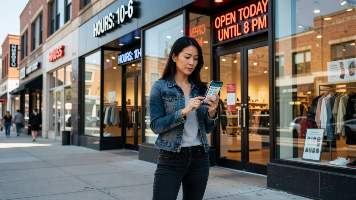 Personne consultant son téléphone devant un centre commercial pour vérifier les horaires d'ouverture des magasins