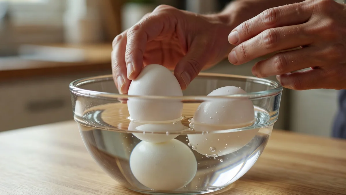 Oeufs dans un bol d'eau pour test de fraîcheur