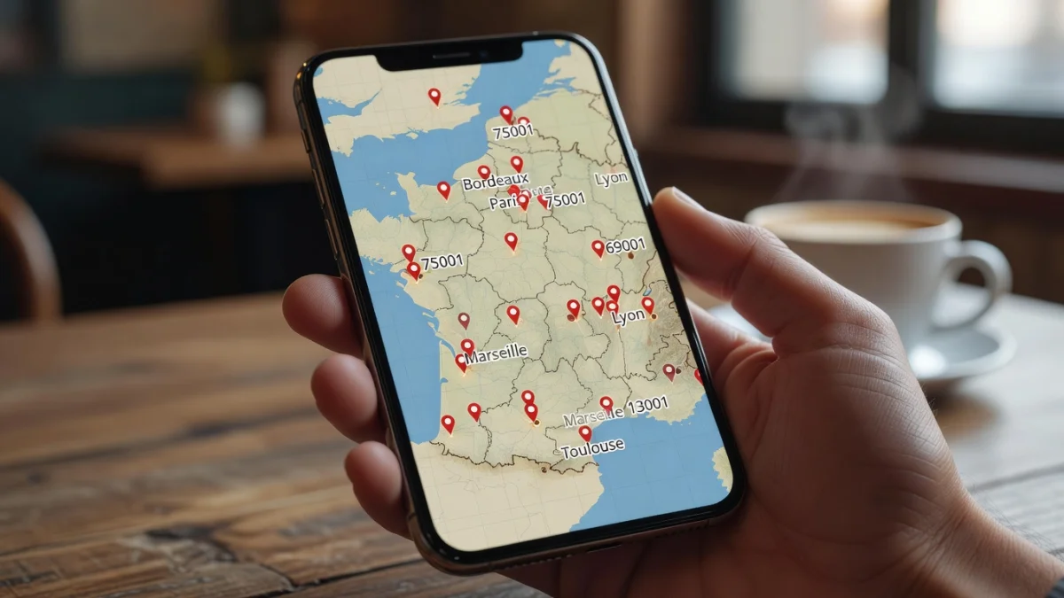 Carte de France avec des codes postaux et des communes illustrant la recherche d'une ville par code postal