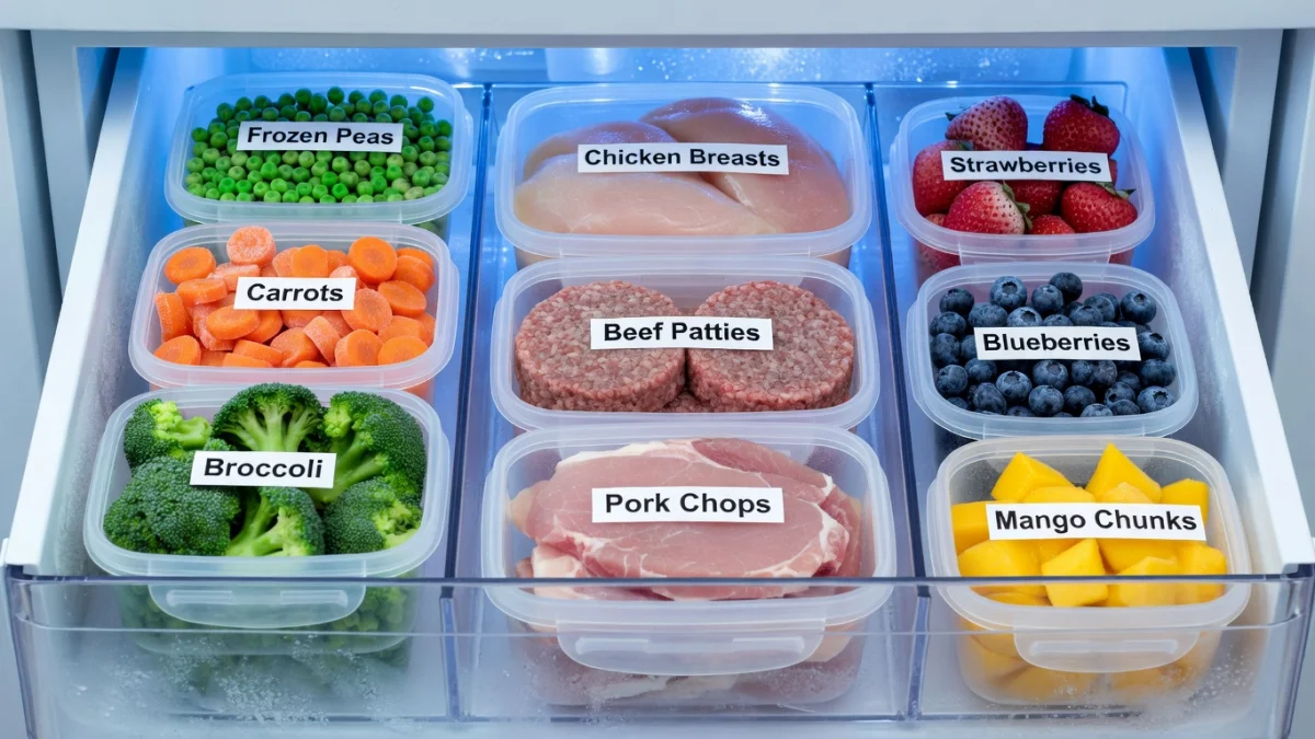 Aliments variés disposés dans des sacs et boîtes pour la congélation