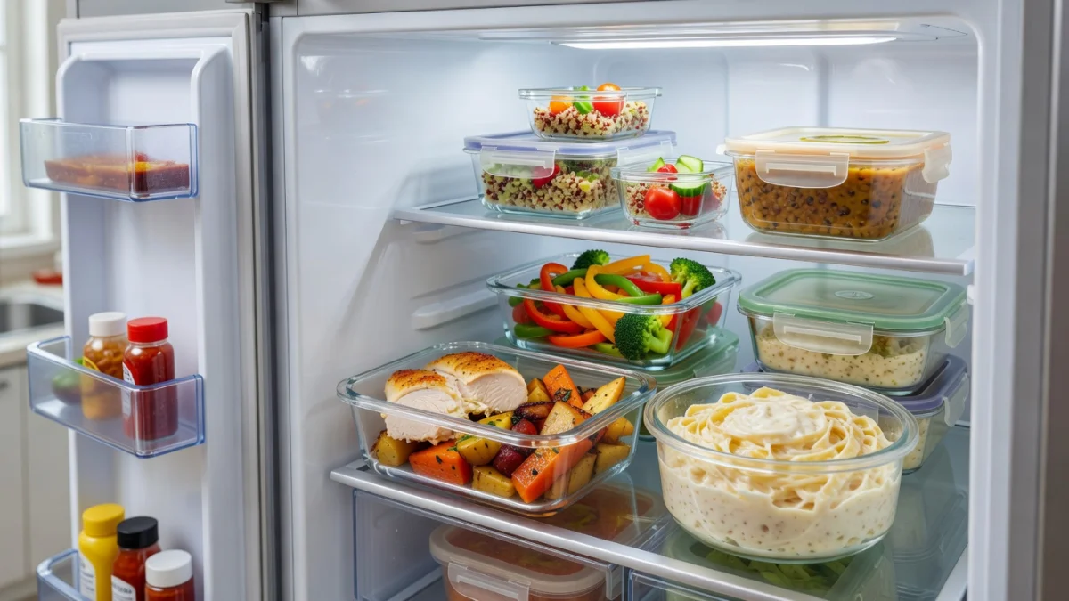 Boîtes hermétiques contenant des restes de repas rangées dans un réfrigérateur propre et bien organisé