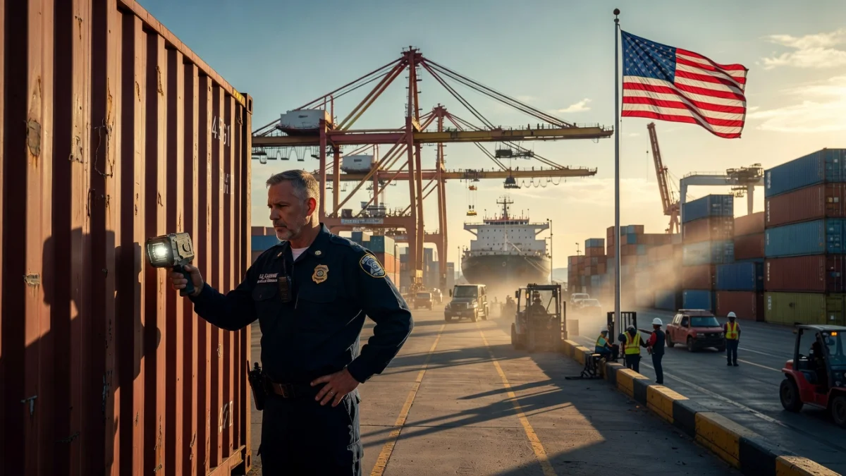 Conteneurs maritimes et drapeaux américains symbolisant les droits de douane de Trump et la guerre commerciale mondiale