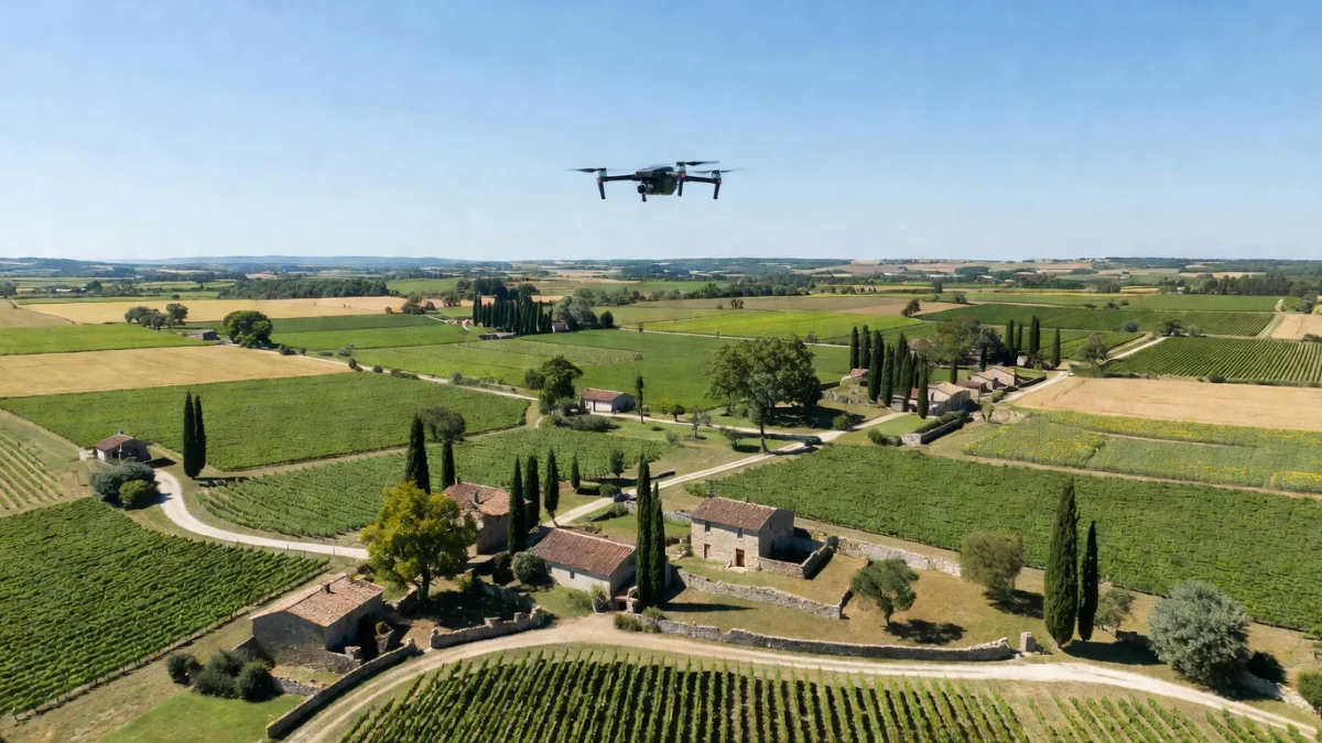 Un drone de loisir quadricoptère en vol dans un ciel dégagé au-dessus d'un paysage de campagne française