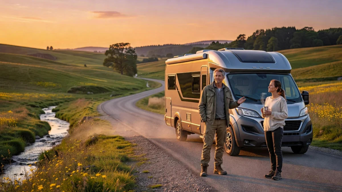 Camping-car garé dans un paysage naturel pour un week-end en famille