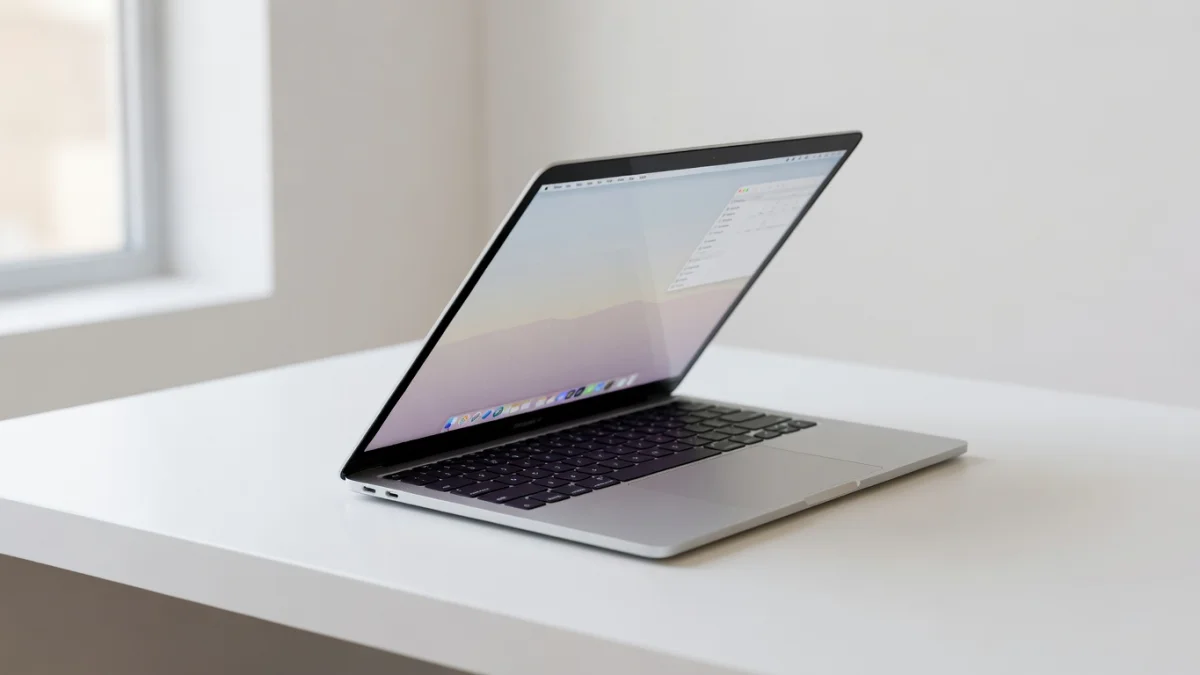 MacBook Air M5 ouvert sur un bureau, affichant macOS Tahoe avec la puce Apple M5