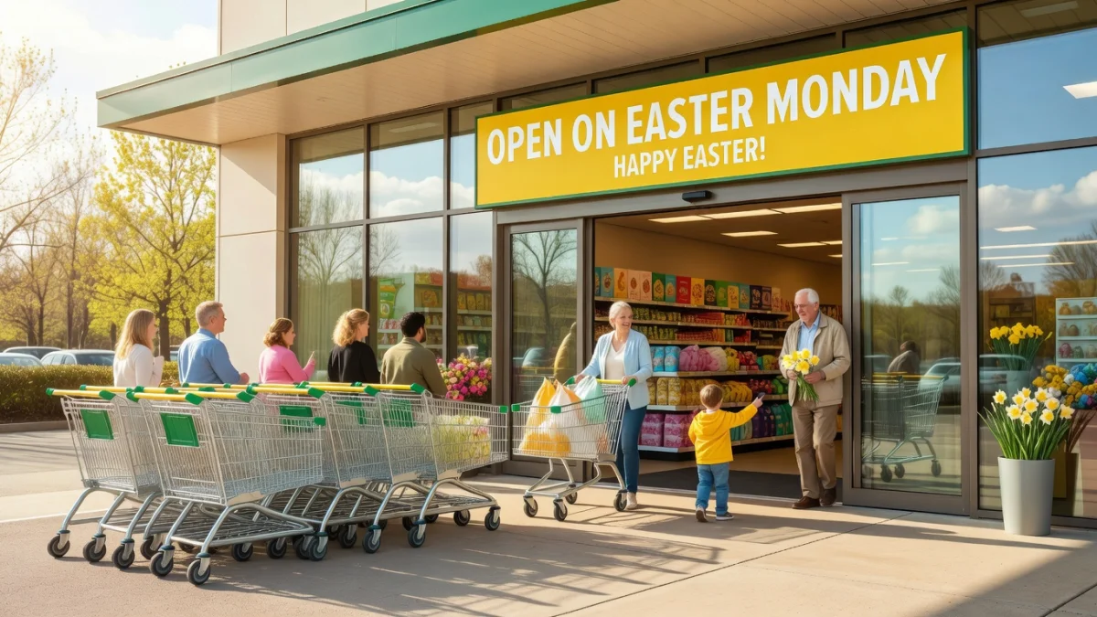 Devanture d'un supermarché ouvert le lundi de Pâques avec des décorations de Pâques