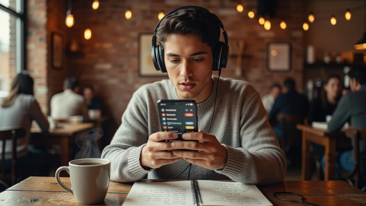Personne apprenant l'anglais sur une application mobile
