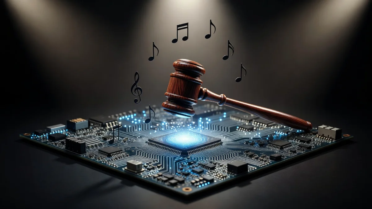 Illustration d'une interface d'IA générant de la musique sur fond de portée musicale numérique