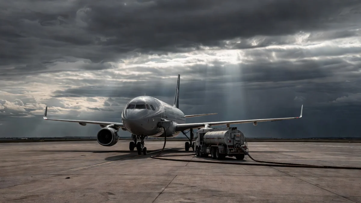 Avion en vol au-dessus d'un ciel nuageux, symbolisant la crise du kérosène et les menaces d'annulations de vols en 2026